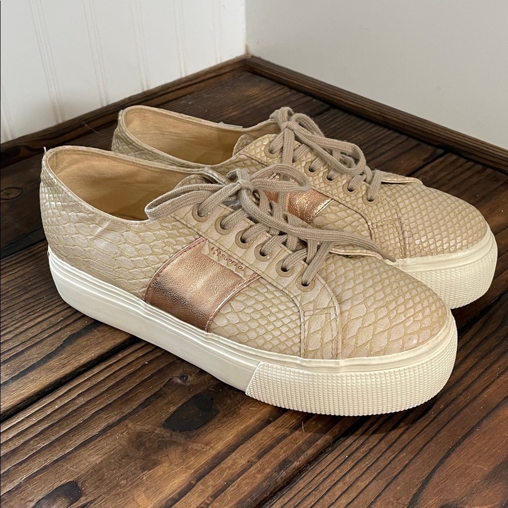 Superga 2790 Platform Cream and Rose Gold Snakeskin Sneakers